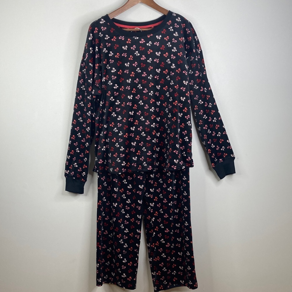 Kate Spade Pajamas Women XL Black Pink Bows Velour Stretch PJs Top Bottoms